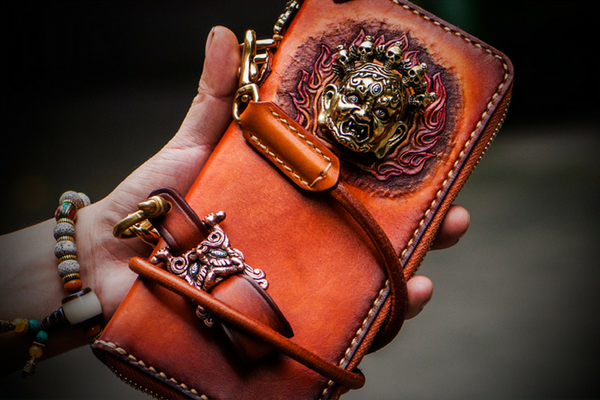 Handmade Leather Tibetan Tooled Mens billfold Wallet Cool Chain Wallet