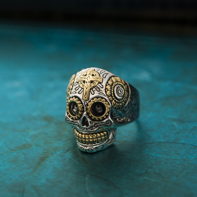 Lords Prayer Skull Ring with Gold Cross on Forehead (#355GOLD) -  SkullJewelry.com